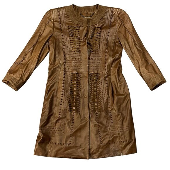 Elie Tahari Leather Jacket Cecilia Brown Size XS Lattice Cut Designer Boho Chic - Picture 2 of 15